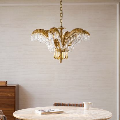 Elegant Brass Palm Leaf Crystal Chandelier with Adjustable Height & Di