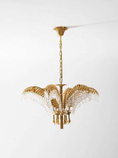 Elegant Brass Palm Leaf Crystal Chandelier with Adjustable Height & Di