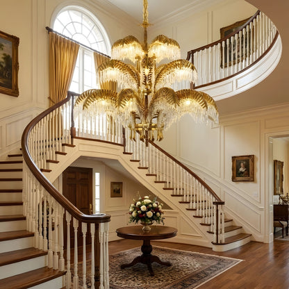 Elegant Brass Palm Leaf Crystal Chandelier with Adjustable Height & Di