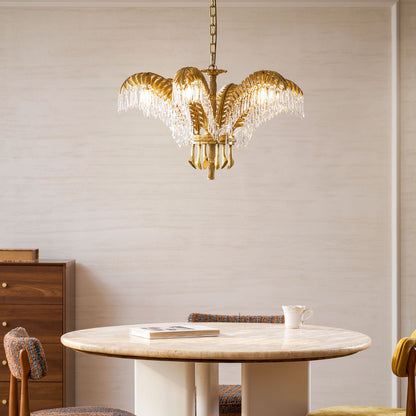 Elegant Brass Palm Leaf Crystal Chandelier with Adjustable Height & Di