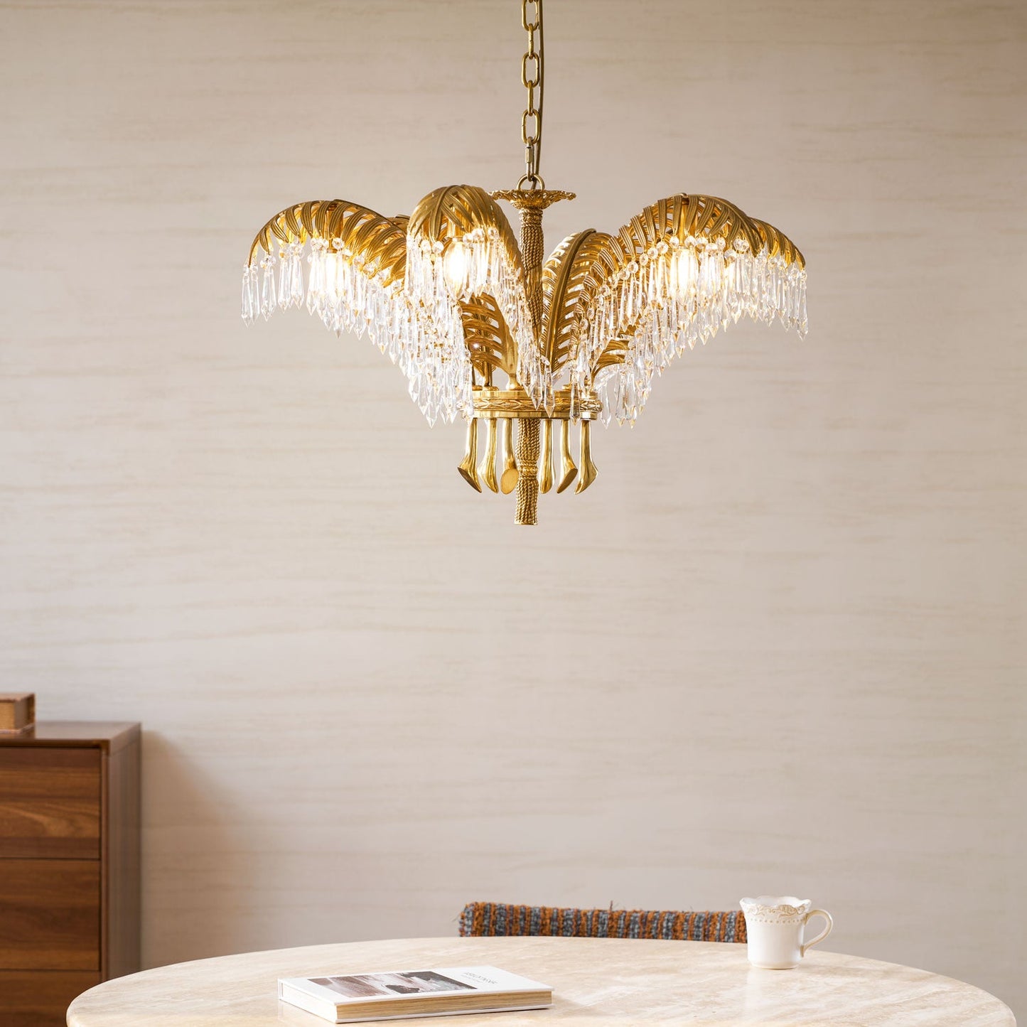 Elegant Brass Palm Leaf Crystal Chandelier with Adjustable Height & Di