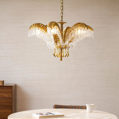 Elegant Brass Palm Leaf Crystal Chandelier with Adjustable Height & Di