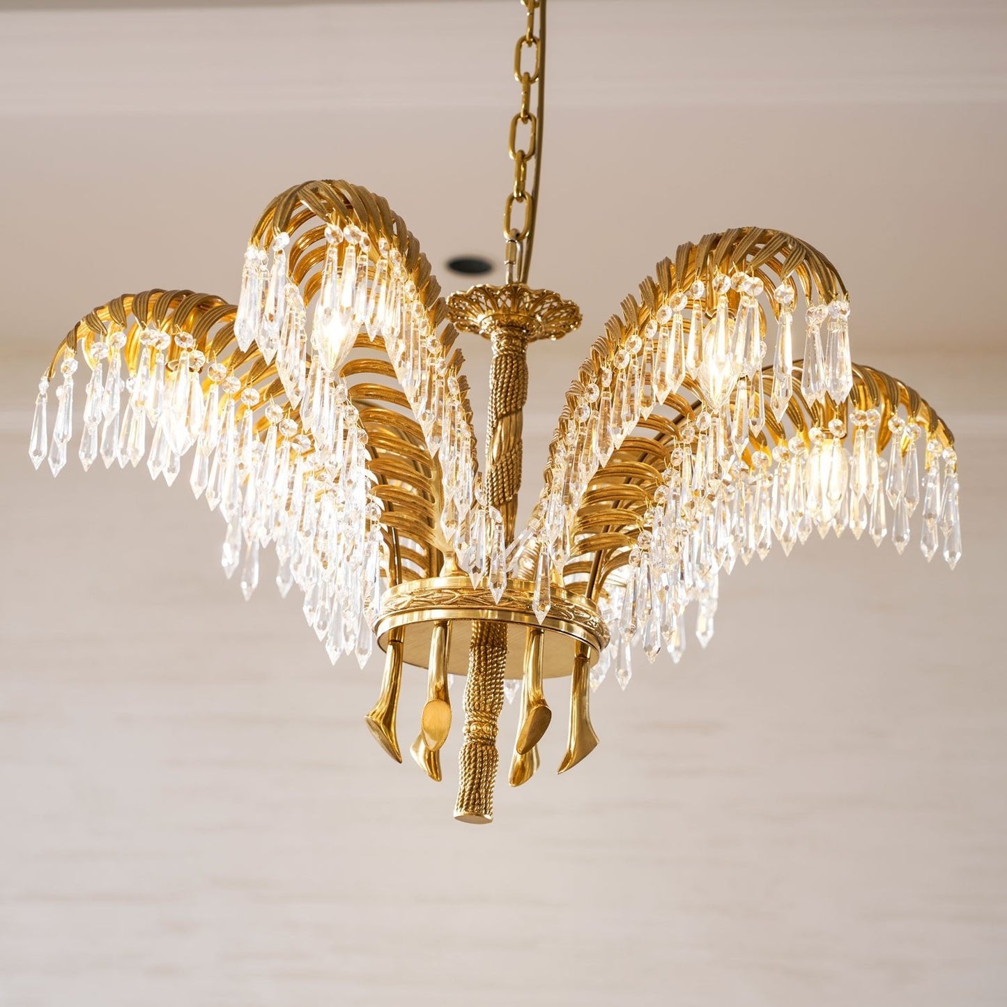 Elegant Brass Palm Leaf Crystal Chandelier with Adjustable Height & Di