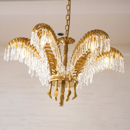 Elegant Brass Palm Leaf Crystal Chandelier with Adjustable Height & Di