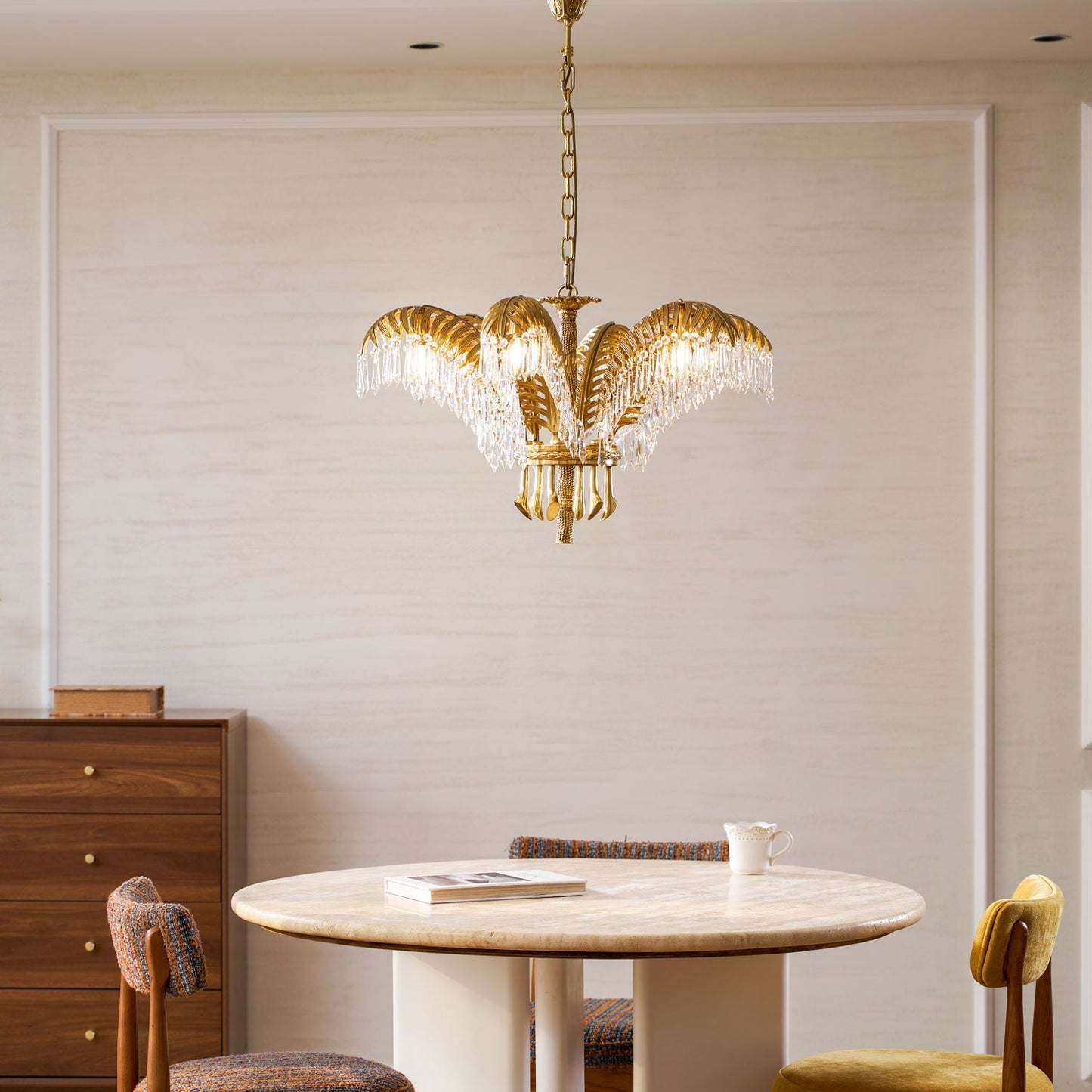 Elegant Brass Palm Leaf Crystal Chandelier with Adjustable Height & Di