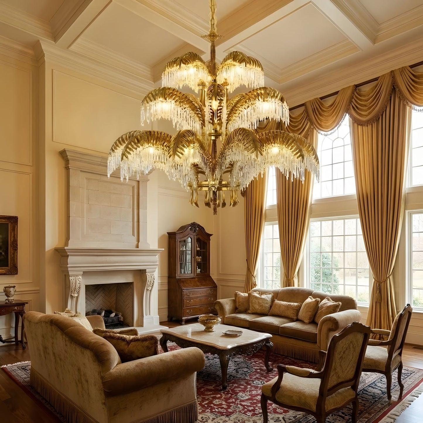 Elegant Brass Palm Leaf Crystal Chandelier with Adjustable Height & Di