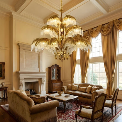 Elegant Brass Palm Leaf Crystal Chandelier with Adjustable Height & Di