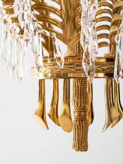 Elegant Brass Palm Leaf Crystal Chandelier with Adjustable Height & Di