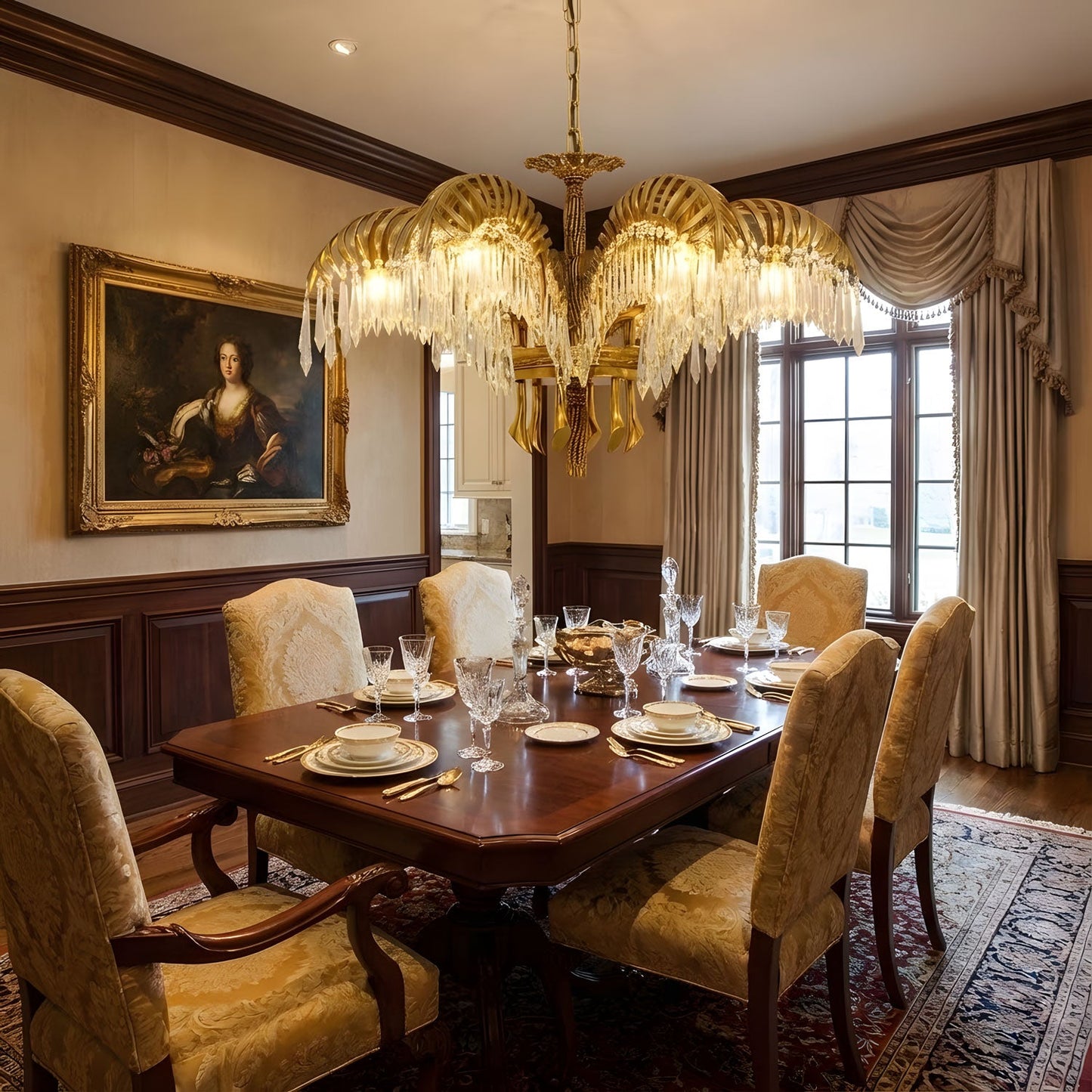 Elegant Brass Palm Leaf Crystal Chandelier with Adjustable Height & Di