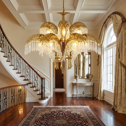 Elegant Brass Palm Leaf Crystal Chandelier with Adjustable Height & Di