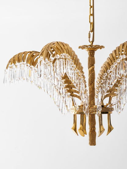 Elegant Brass Palm Leaf Crystal Chandelier with Adjustable Height & Di