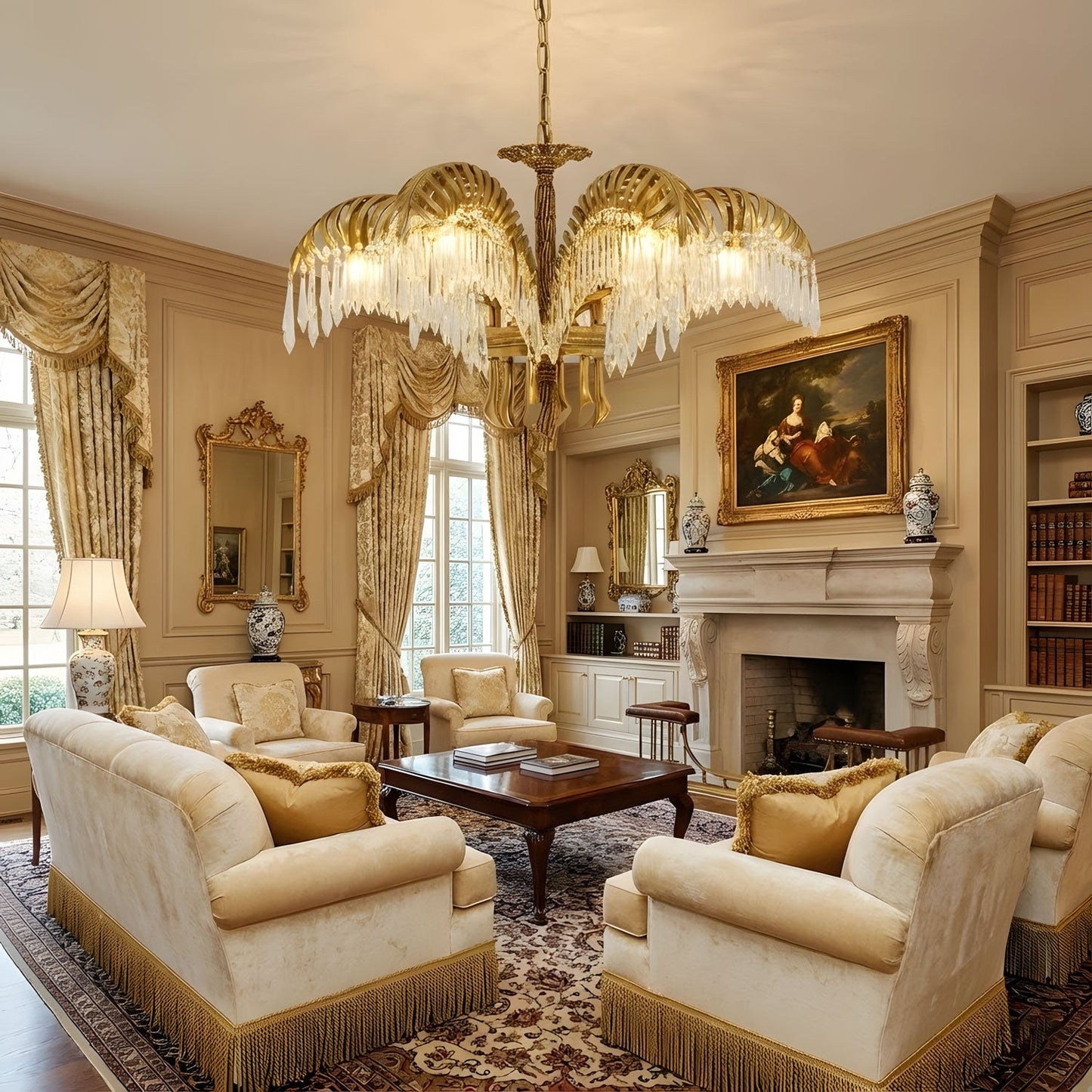 Elegant Brass Palm Leaf Crystal Chandelier with Adjustable Height & Di