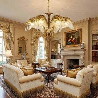 Elegant Brass Palm Leaf Crystal Chandelier with Adjustable Height & Di