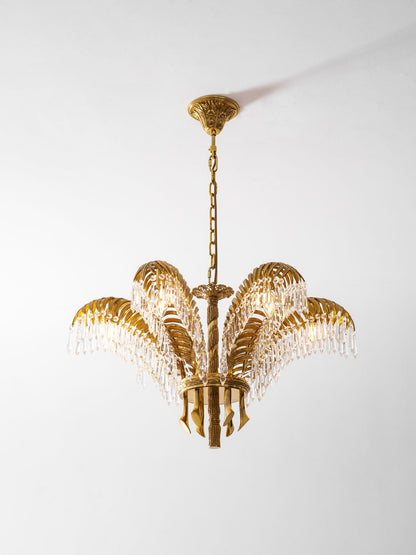Elegant Brass Palm Leaf Crystal Chandelier with Adjustable Height & Di