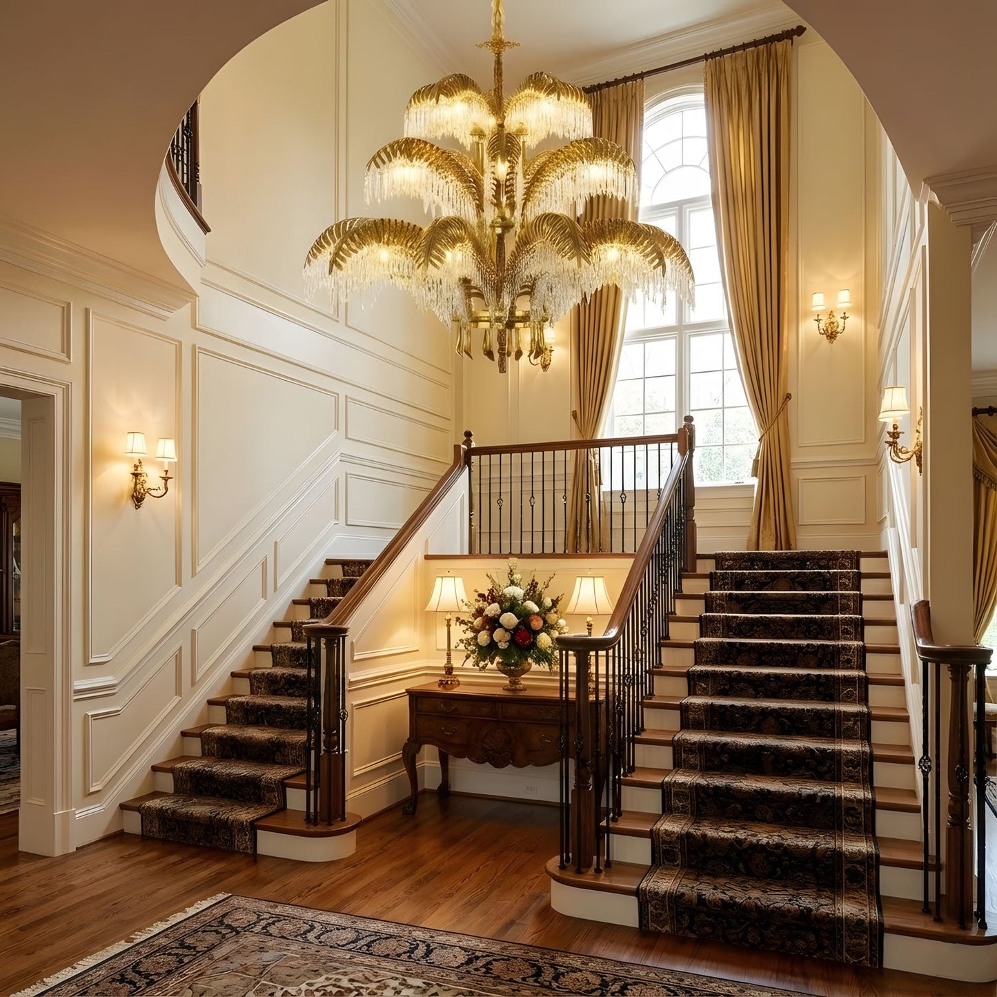 Elegant Brass Palm Leaf Crystal Chandelier with Adjustable Height & Di