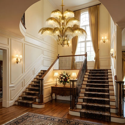 Elegant Brass Palm Leaf Crystal Chandelier with Adjustable Height & Di