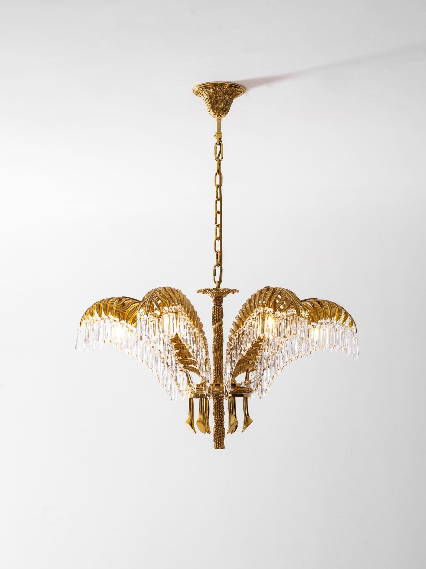 Elegant Brass Palm Leaf Crystal Chandelier with Adjustable Height & Di