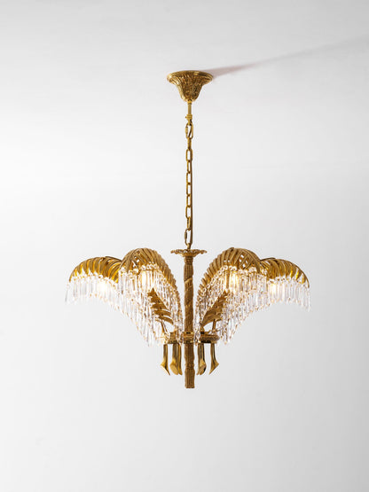 Elegant Brass Palm Leaf Crystal Chandelier with Adjustable Height & Di