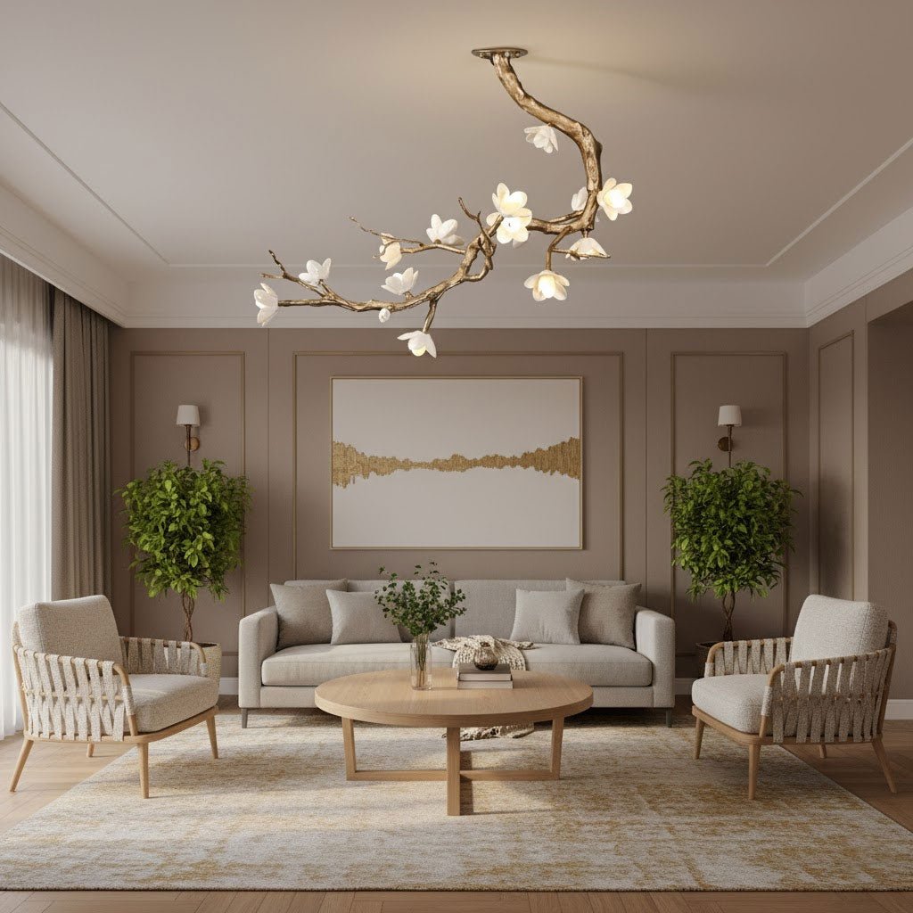Elegant Brass Flower Branch Chandelier with Adjustable Height & Warm G