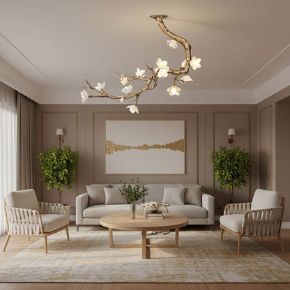 Elegant Brass Flower Branch Chandelier with Adjustable Height & Warm G