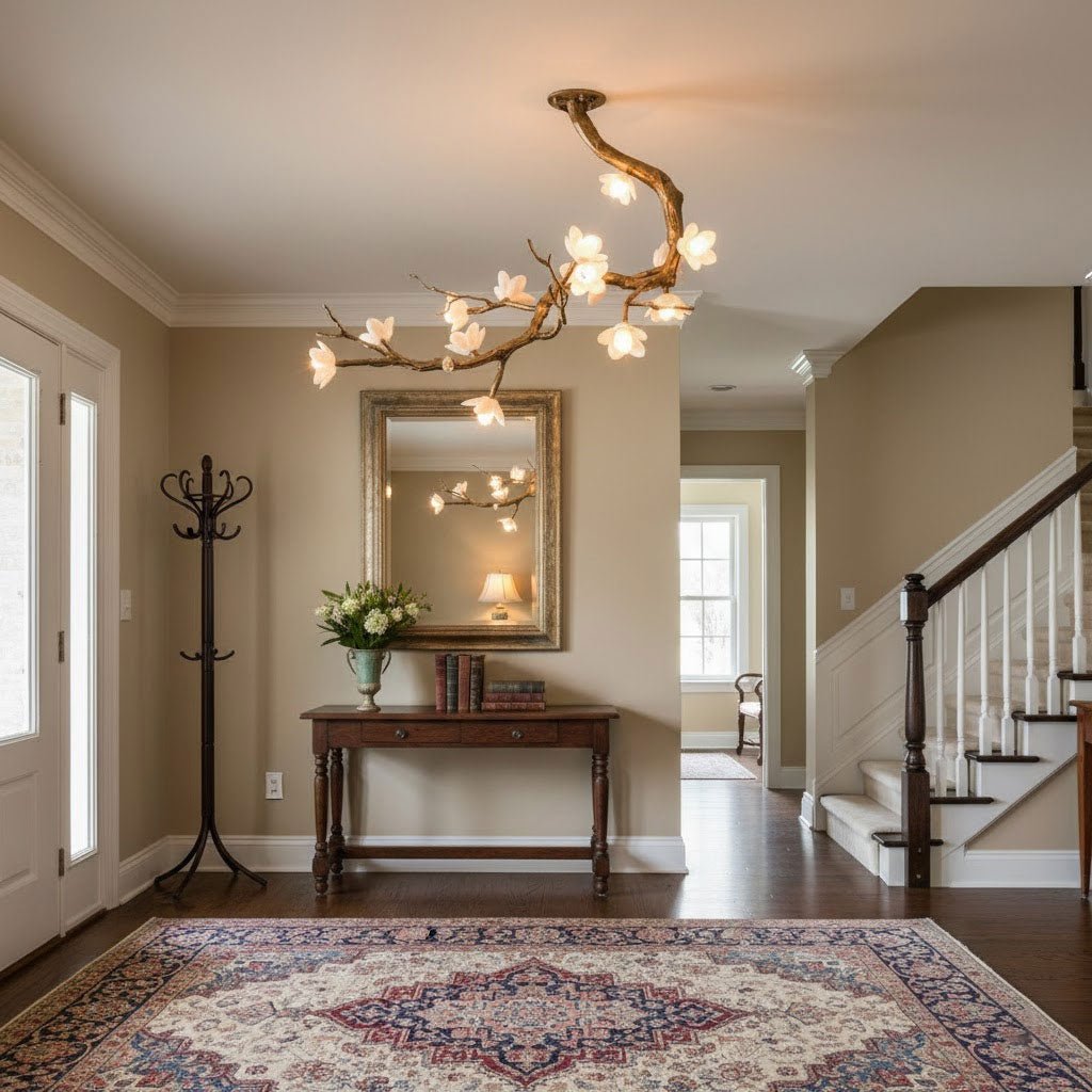 Elegant Brass Flower Branch Chandelier with Adjustable Height & Warm G