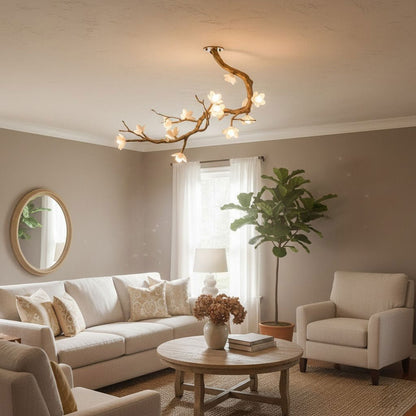 Elegant Brass Flower Branch Chandelier with Adjustable Height & Warm G