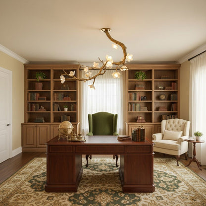 Elegant Brass Flower Branch Chandelier with Adjustable Height & Warm G
