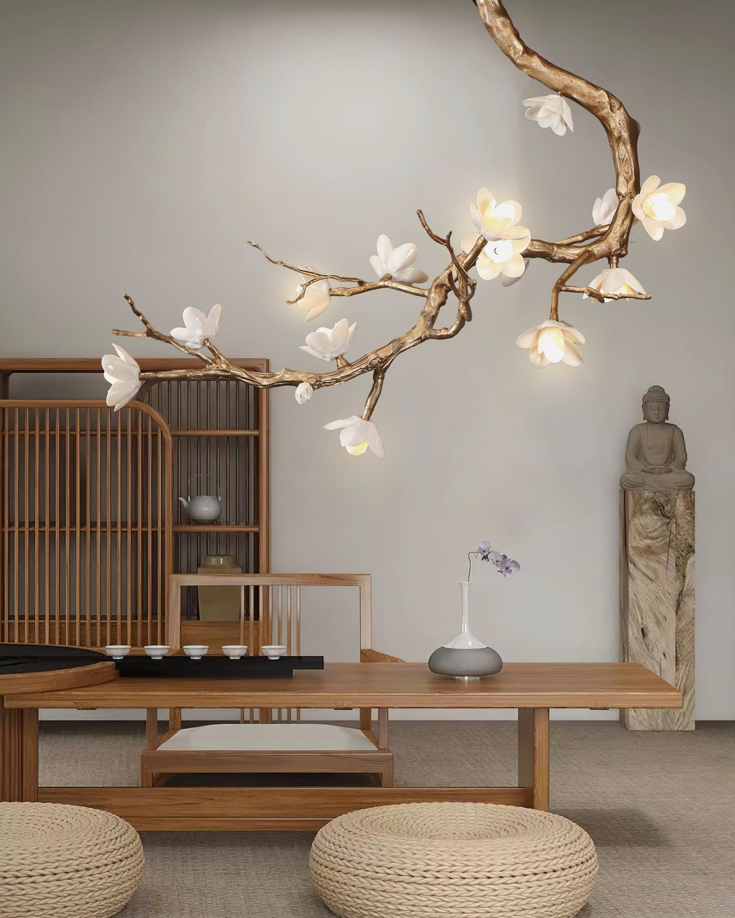 Elegant Brass Flower Branch Chandelier with Adjustable Height & Warm G
