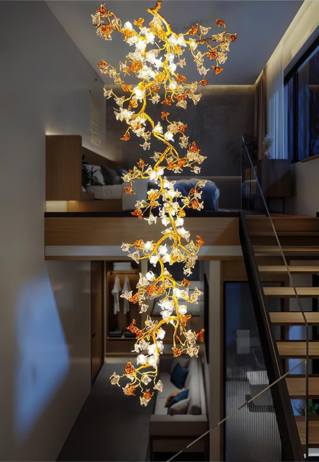 Elegant Brass Maple Branch Chandelier with Adjustable Height & LED Com