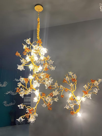 Elegant Brass Maple Branch Chandelier with Adjustable Height & LED Com