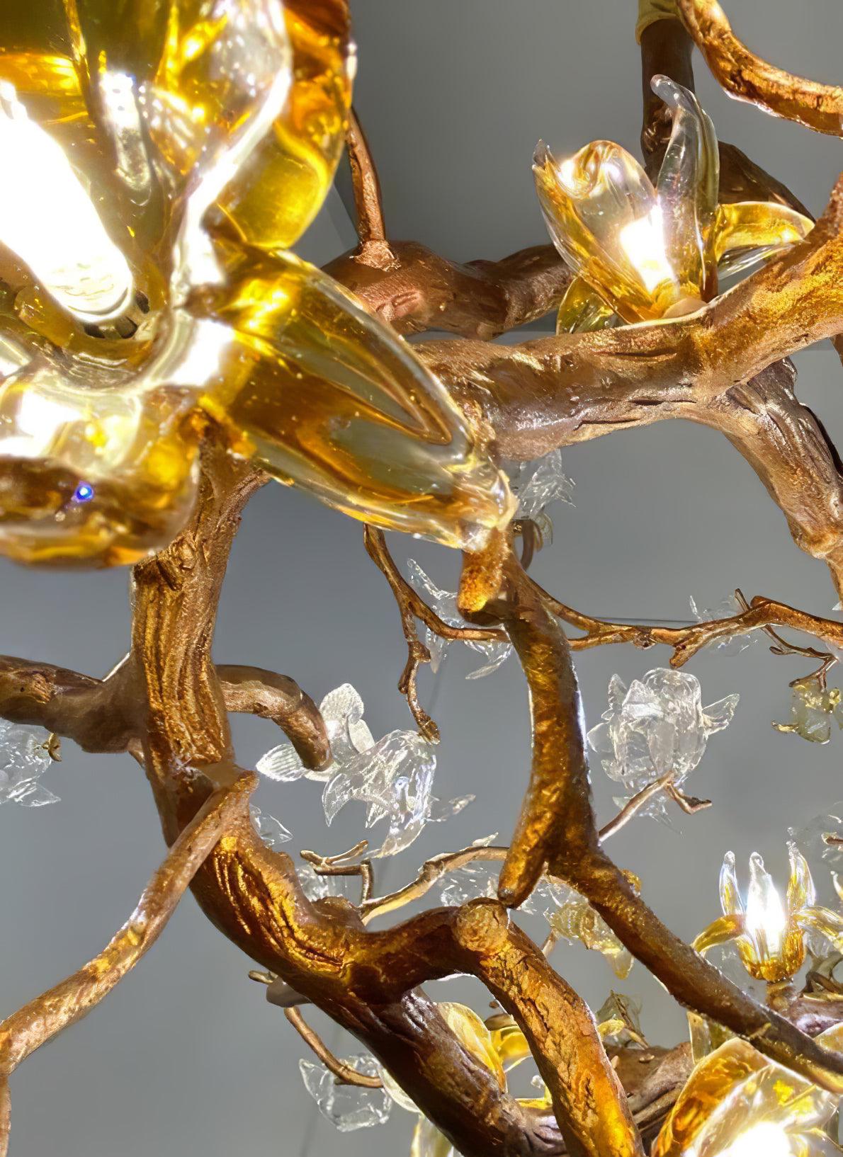 Elegant Brass Maple Branch Chandelier with Adjustable Height & LED Com