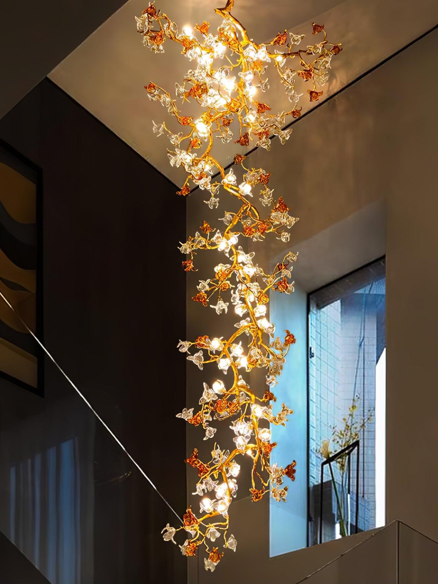 Elegant Brass Maple Branch Chandelier with Adjustable Height & LED Com