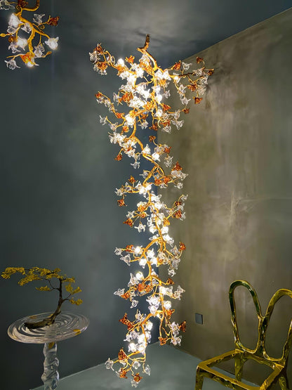 Elegant Brass Maple Branch Chandelier with Adjustable Height & LED Com