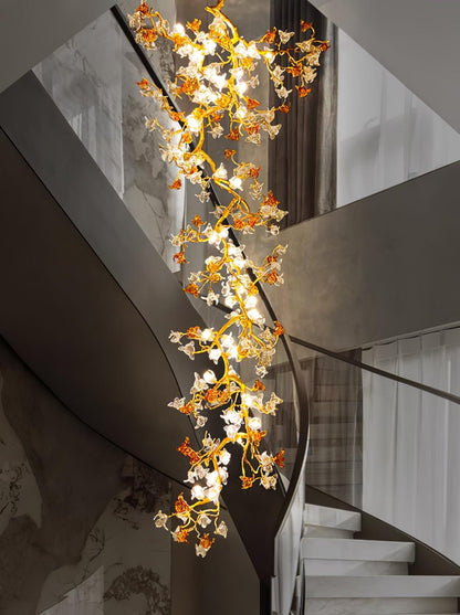 Elegant Brass Maple Branch Chandelier with Adjustable Height & LED Com