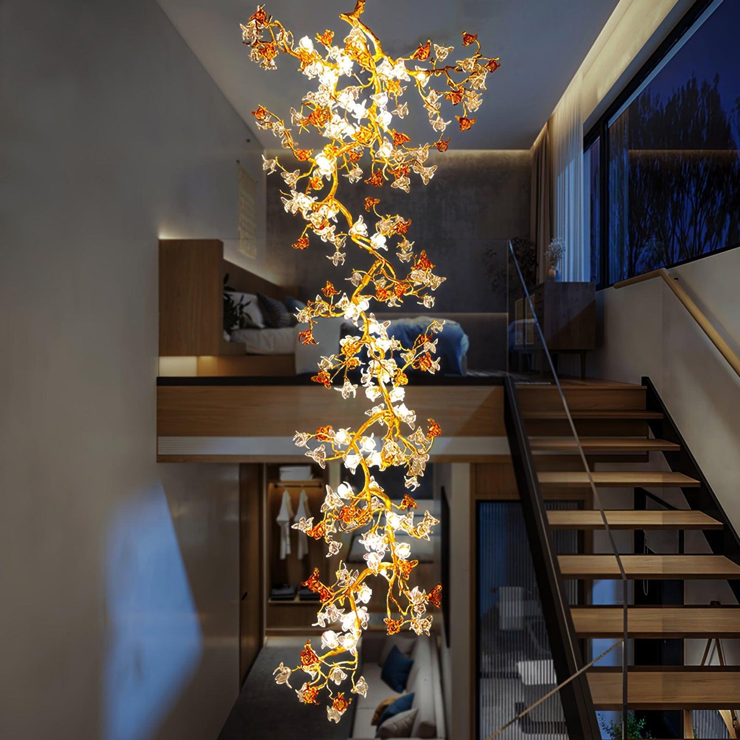 Elegant Brass Maple Branch Chandelier with Adjustable Height & LED Com