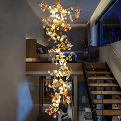 Elegant Brass Maple Branch Chandelier with Adjustable Height & LED Com