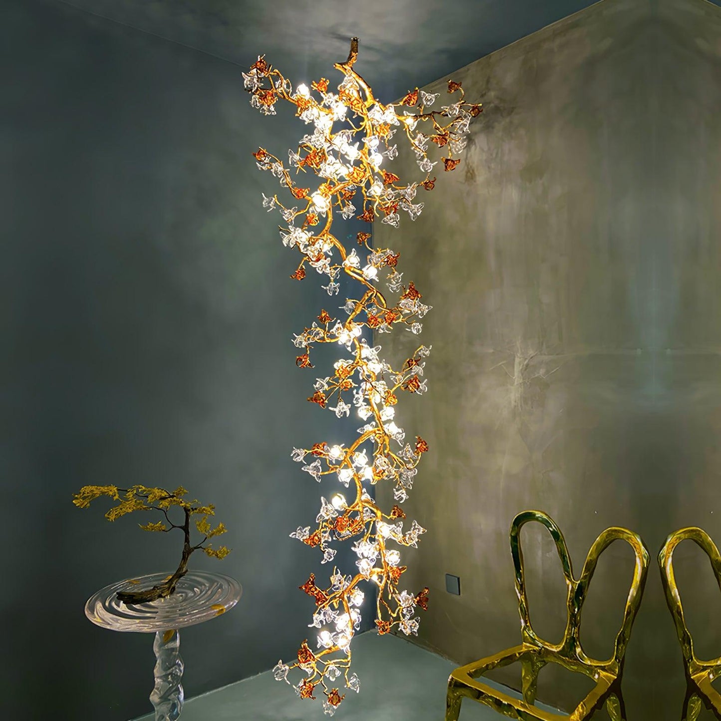 Elegant Brass Maple Branch Chandelier with Adjustable Height & LED Com