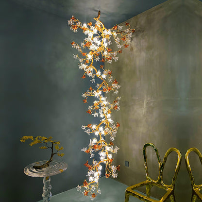 Elegant Brass Maple Branch Chandelier with Adjustable Height & LED Com