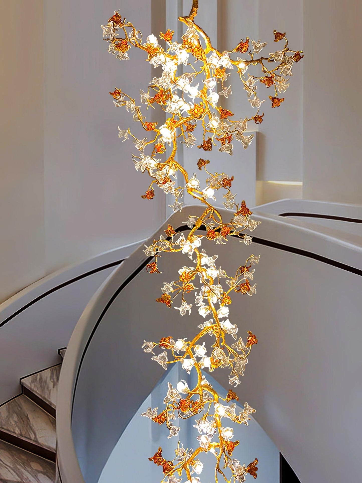 Elegant Brass Maple Branch Chandelier with Adjustable Height & LED Com