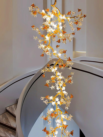 Elegant Brass Maple Branch Chandelier with Adjustable Height & LED Com