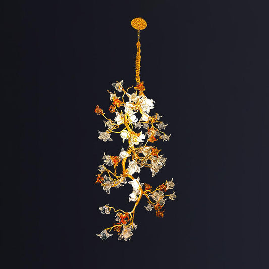 Elegant Brass Maple Branch Chandelier with Adjustable Height & LED Com