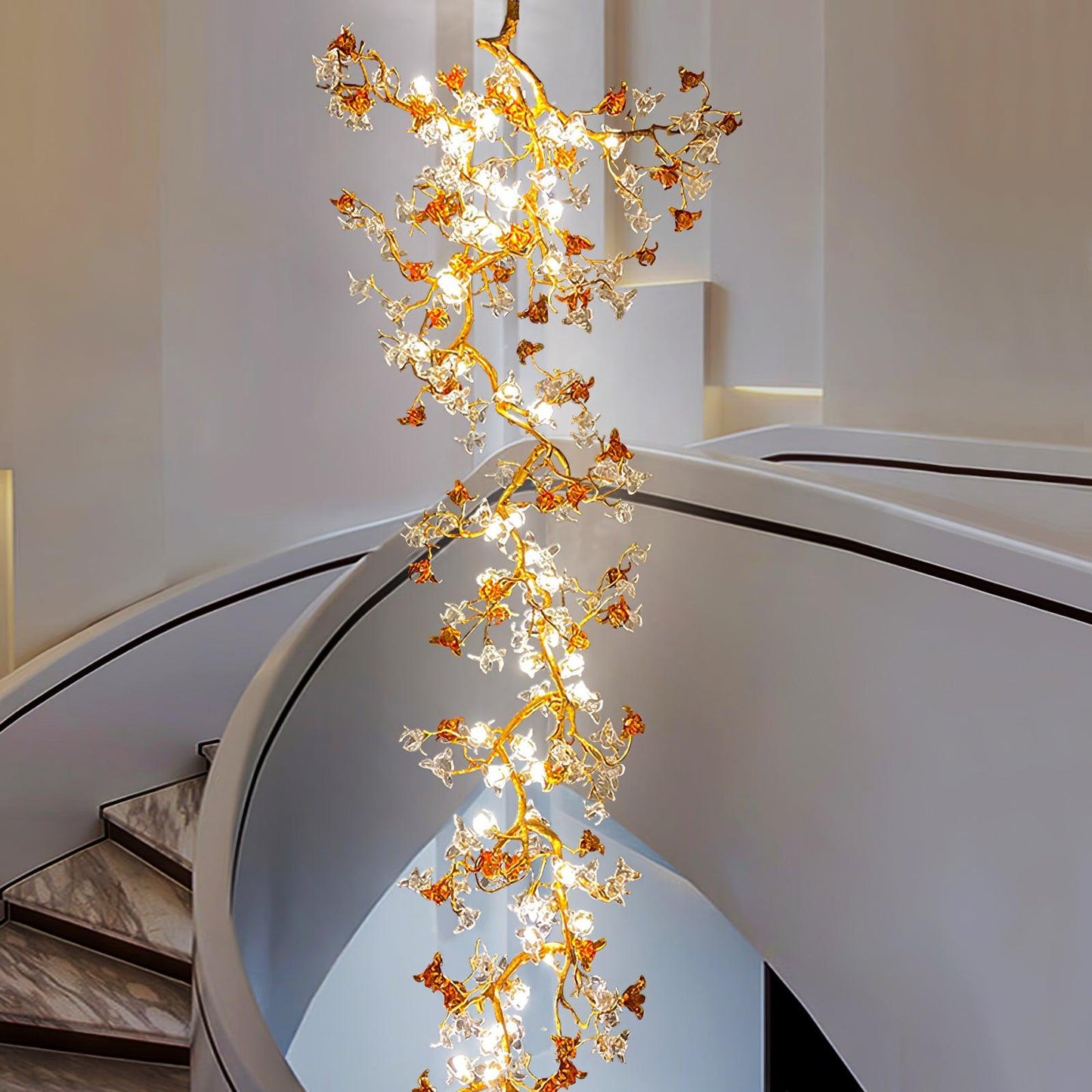Elegant Brass Maple Branch Chandelier with Adjustable Height & LED Com