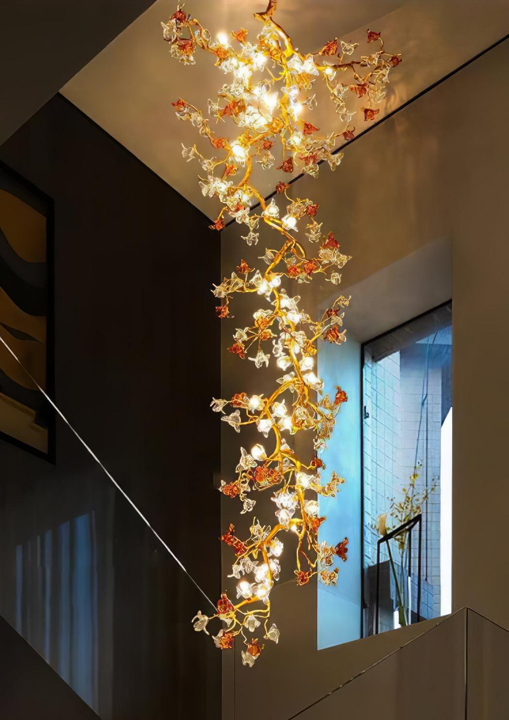 Elegant Brass Maple Branch Chandelier with Adjustable Height & LED Com