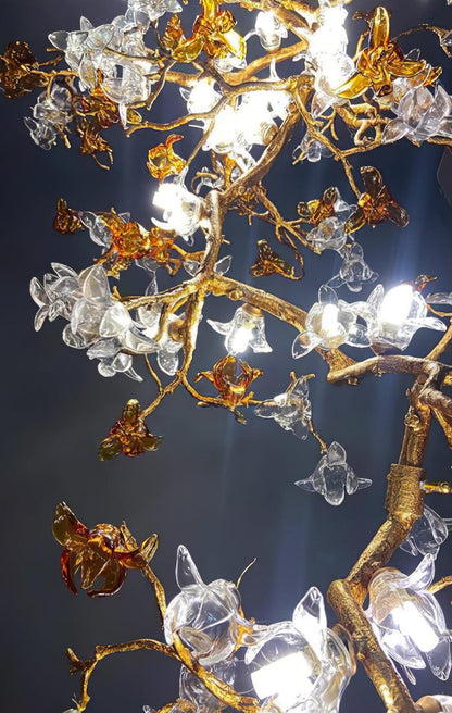 Elegant Brass Maple Branch Chandelier with Adjustable Height & LED Com