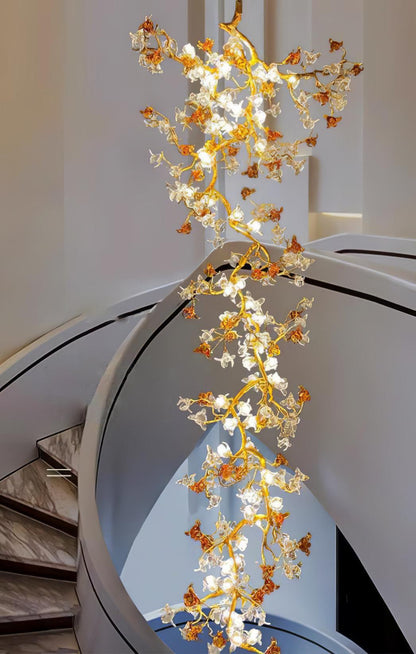 Elegant Brass Maple Branch Chandelier with Adjustable Height & LED Com