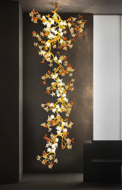 Elegant Brass Maple Branch Chandelier with Adjustable Height & LED Com