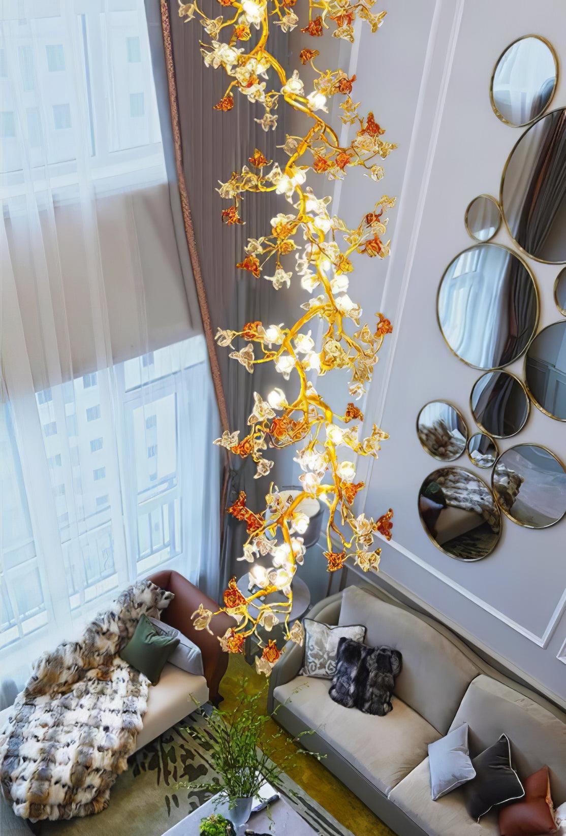 Elegant Brass Maple Branch Chandelier with Adjustable Height & LED Com