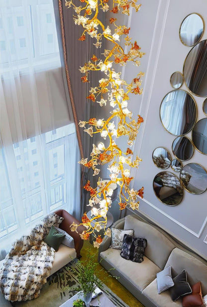 Elegant Brass Maple Branch Chandelier with Adjustable Height & LED Com