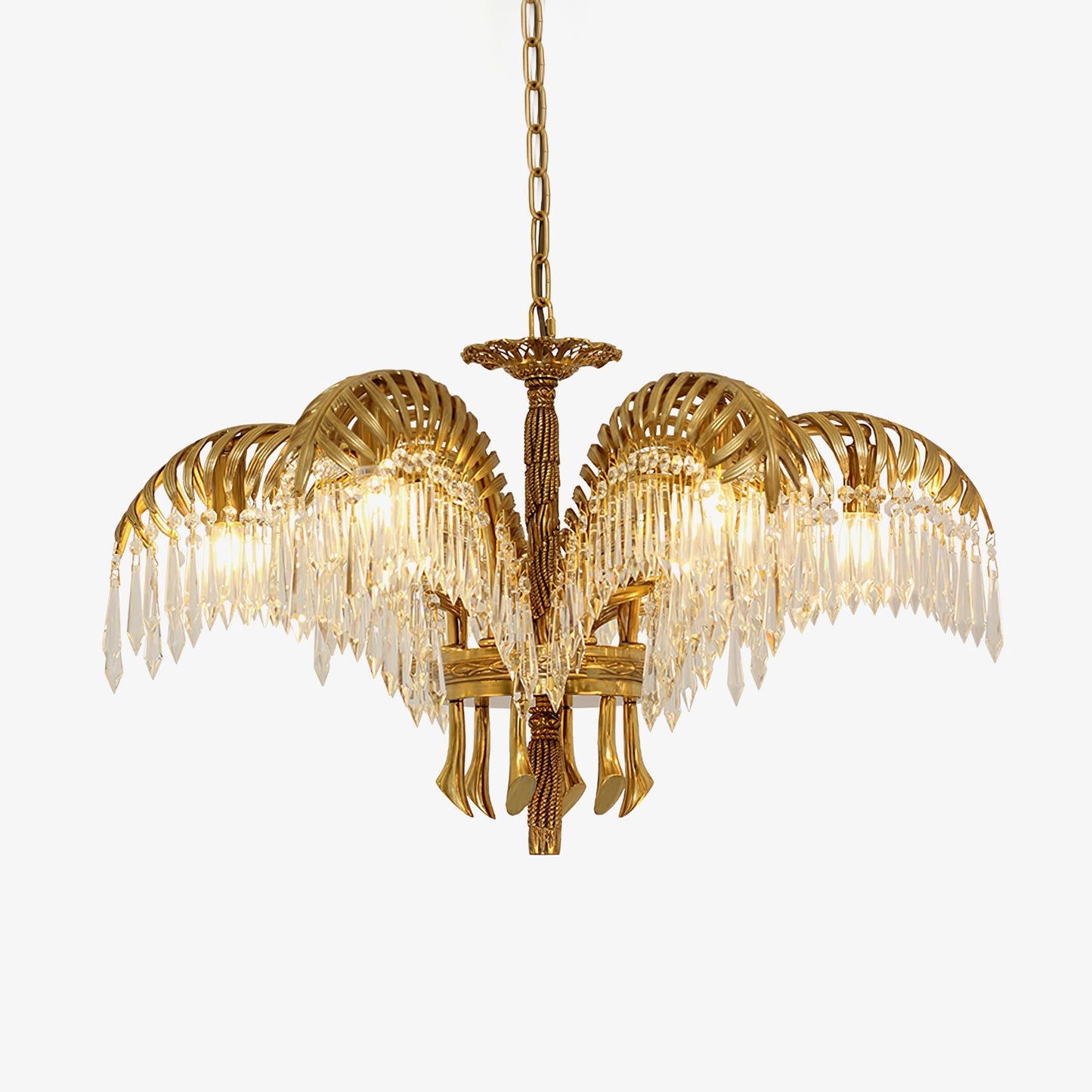 Elegant Brass Palm Leaf Crystal Chandelier with Adjustable Height & Di
