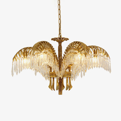 Elegant Brass Palm Leaf Crystal Chandelier with Adjustable Height & Di